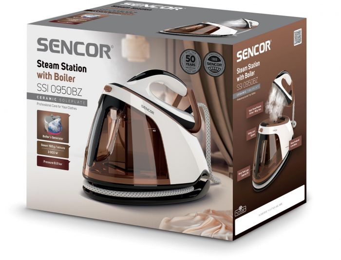 Праска-парогенератор Sencor, 3000Вт, 1500мл, паровий удар -430гр, постійна пара - 160гр, Anti-calc, керам. підошва, біло-коричневий Праска-парогенератор Sencor, 3000Вт, 1500мл, паровий удар -430гр, постійна пара - 160гр, Anti-calc, керам. підошва, біло-коричневий