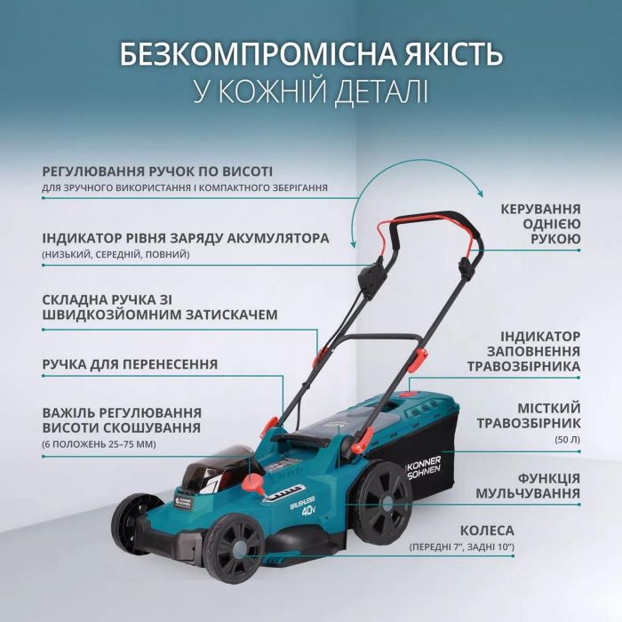 Газонокосарка акумуляторна Konner&Sohnen KS 43LM-40V 40В(20+20) акб 2?4А·год 43см 50л 25-75мм 15.5кг