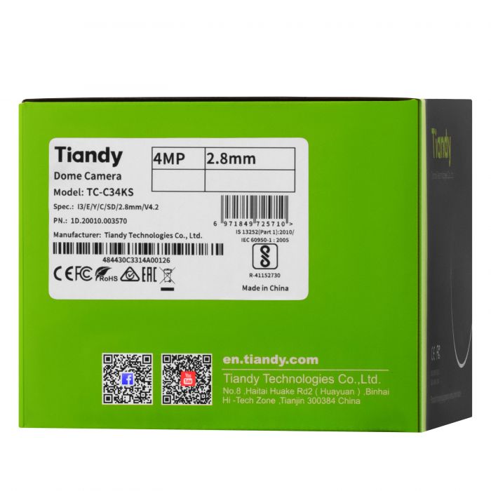 IP-камера Tiandy TC-C34KS Spec:I3/E/Y/C/SD/2.8mm/V4.2, 4MP, Starlight Dome, 2.8mm, f/1.6, IR30m, PoE, IP66, IK10