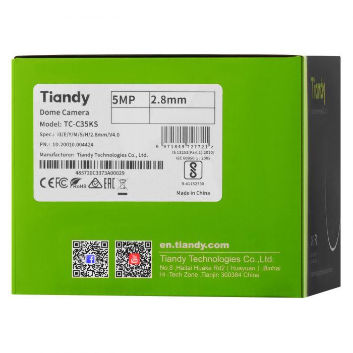 IP-камера Tiandy TC-C35KS Spec:I3/E/Y/M/S/H/2.8mm/V4.0, 5MP, Starlight IR Dome, 2.8mm, f/1.6, IR30m, PoE, IP66, IK10
