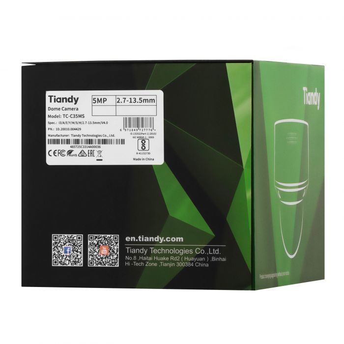 IP-камера Tiandy TC-C35MS Spec:I3/A/E/Y/M/S/H/2.7-13.5mm/V4.0, 5MP, Starlight Dome, 2.7-13.5mm AVF, f/1.6, IR30m, PoE, IP66, IK10
