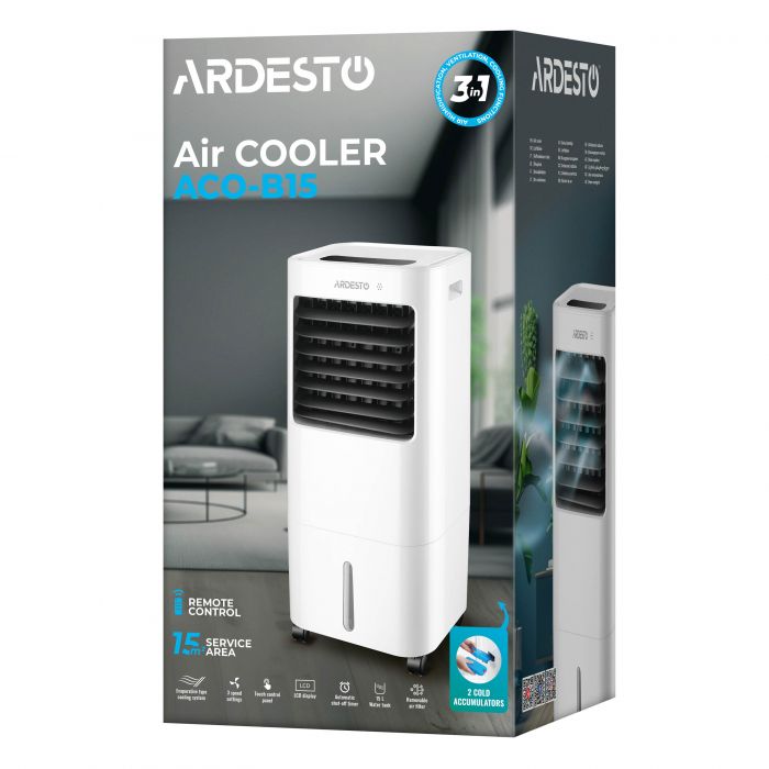 Охолоджувач повітря ARDESTO ACO-B15 3в1 охолоджувач-зволожувач-вентилятор, 15 м2, ел. кер-ня, резервуар 15 л., 410 м3/год, дисплей, таймер, авто вим-ня, пульт дк, біл/чорн