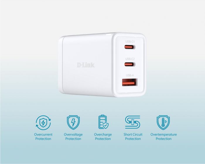 Зарядний пристрій мережевий D-Link DCP-651 65Вт GaN 2хUSB-С, 1xUSB-A, білий