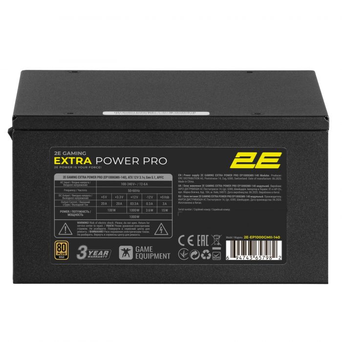 Блок живлення 2E GAMING Extra Power Pro ATX3.1 GEN5.0  (1000W), >90%, 80+ Gold, 140мм, 1xMB 24pin(20+4), 2xCPU 8pin(4+4), 3xMolex, 6xSATA, 4xPCIe 8pin(6+2), 1xPCIe GEN5 16pin, Full Modular