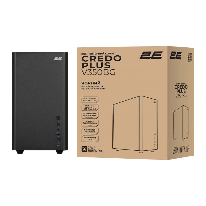 Корпус 2E Credo Plus V350BG без БЖ, 1xUSB3.0, 1х USB 2.0, 1xUSB Type-C, 3x120мм ARGB, VGA 350мм, LCS ready, контролер з пультом, TG Side Panel, mATX, чорний