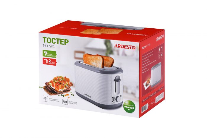 Тостер ARDESTO White stripes T-F17WG 930Вт, пластик, білий+сірий