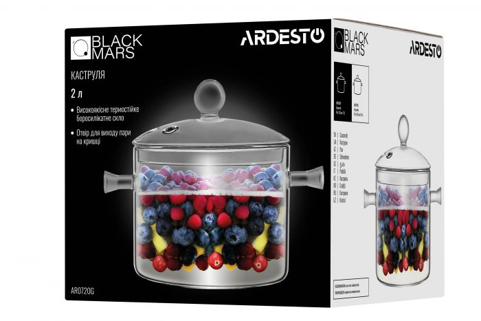 Каструля з кришкою ARDESTO Black Mars 2л, боросилікатне скло