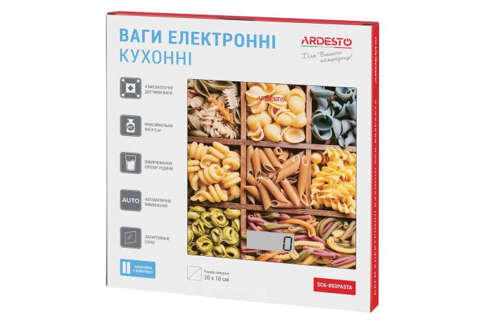 Ваги Ardesto кухонні Pasta, 5кг, AAAx2 в комплекті, скло, багатокольоровий