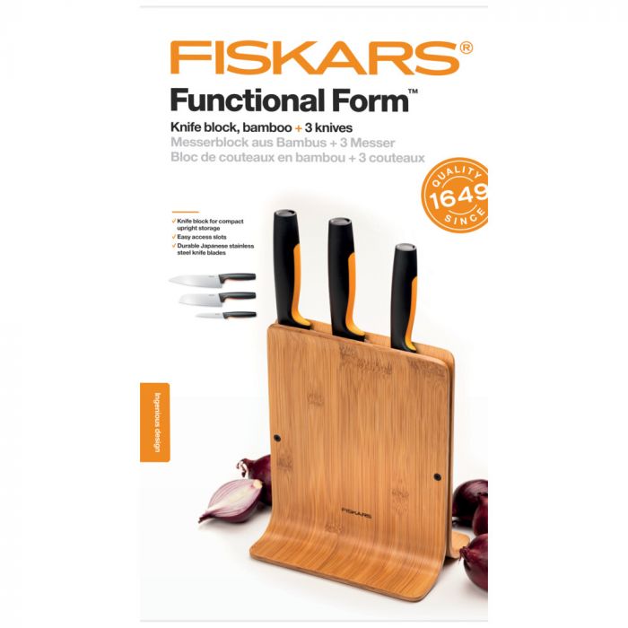 Набір ножів Fiskars Functional Form, бамбукова підставка, 3шт, нержавіюча сталь, пластик, бамбук, чорний