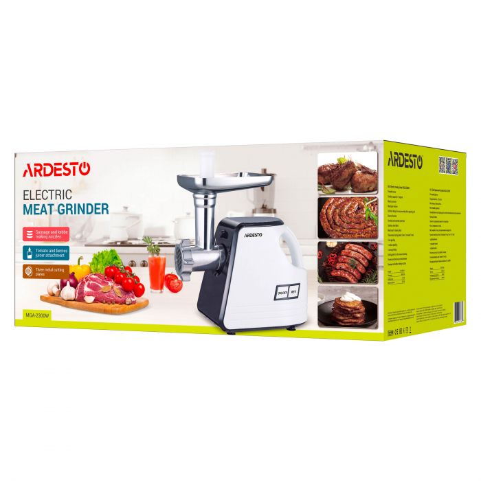 М'ясорубка Ardesto, 2300Вт, продук.-2.2кг/хв, 4 решітки + для ковб., кеббе, насадка для томатів, пластик, біло-чорний