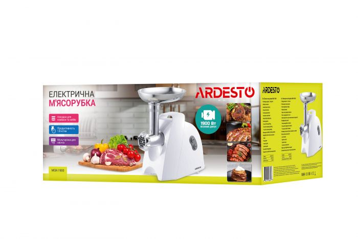 М'ясорубка Ardesto, 1900Вт, 1.8кг/хв, 3 решітки, насадка для ковбас, кеббе, 4 терки, пластик, білий