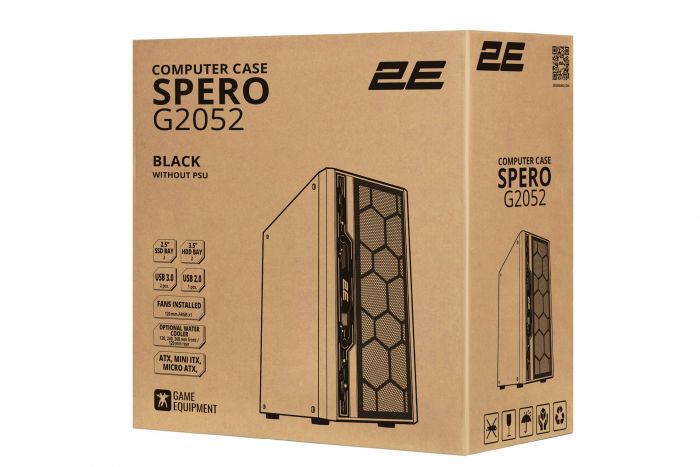 Корпус 2E GAMING Spero G2052 без БЖ 2xUSB3.0, 1xUSB2.0, 1x120мм ARGB, 2x120мм, VGA 345мм, LCS ready, TG Side Panel, ATX, чорний