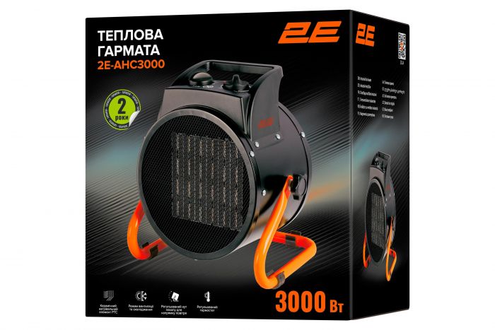 Теплова гармата електрична 2E Ceramic, 3кВт, 30м2, 280м3/год, керамічний нагрів. елемент (PTC), чорний, 2.85кг