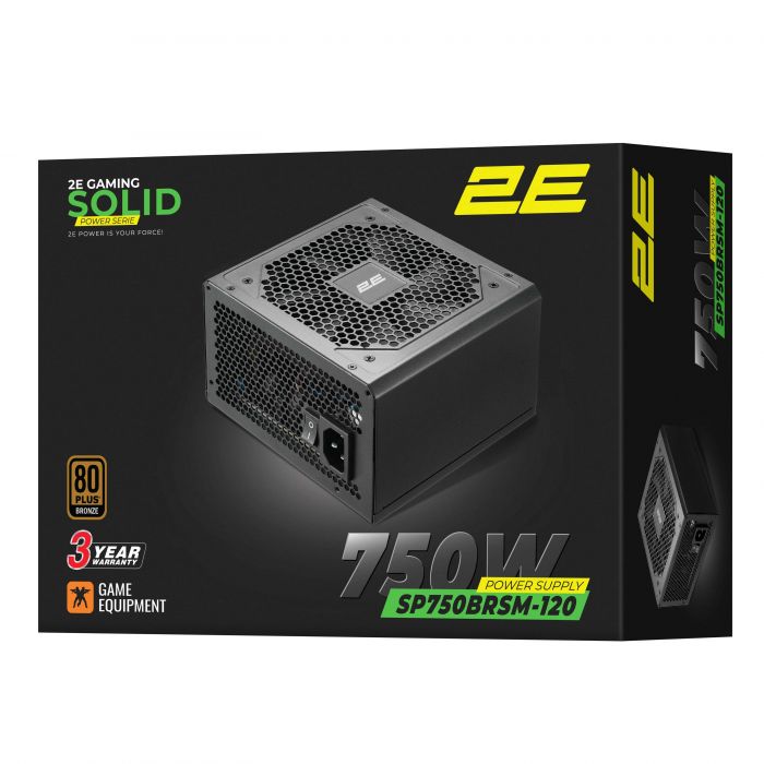 Блок живлення 2E GAMING Solid Power  (750W), >85%, 80+ Bronze, 120мм, 1xMB 24pin(20+4), 2xCPU 8pin(4+4), 3xMolex, 6xSATA, 4xPCIe 8pin(6+2), Semi Modular