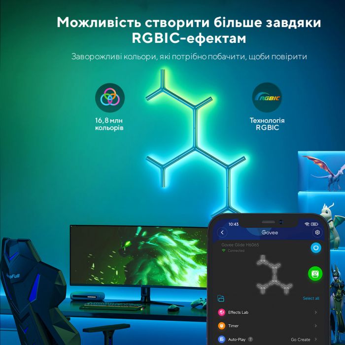 Набір настінних світильників Govee H6065 Y Shape Light Panel, 7шт, RGBIC, WI-FI/Bluetooth, білий