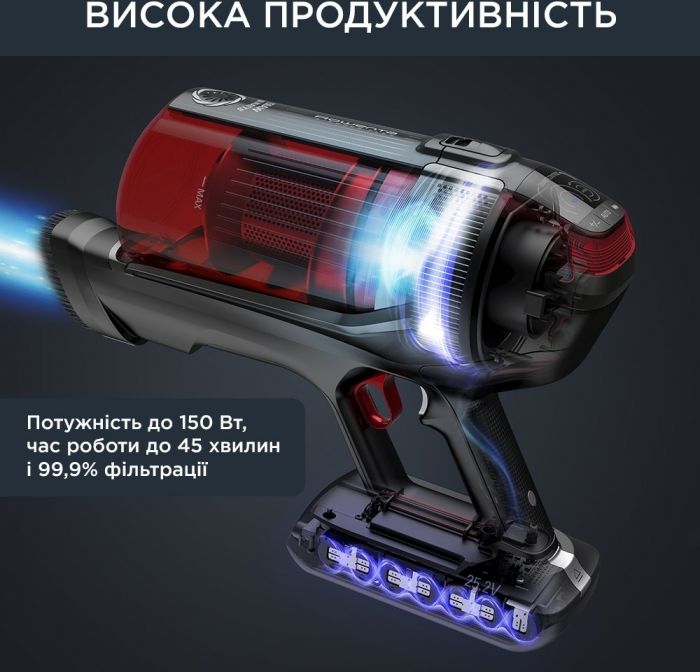 Пилосос Rowenta безпровідний X-Force Flex 12.60 Auto Animal, 320Вт, конт пил -0.9л, автон. робота до 45хв, вага-3кг, НЕРА, чорно-червоний