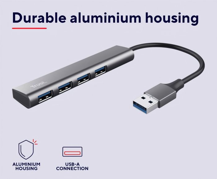 Хаб Trust Halyx USB-A > 4xUSB-А 3.2, Алюміній, 0.1м, Сірий