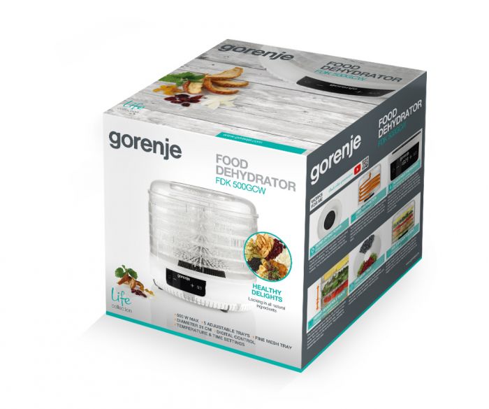 Сушарка для продуктів Gorenje 380Вт, піддонів - 5x2.8см, діаметр - 31см, макс - 70°С, алюміній, пластик, білий