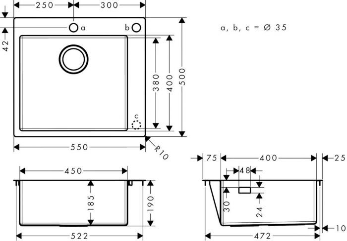 Мийка кухонна Hansgrohe S51, граніт, квадрат, без крила, 560х510х190мм, чаша - 1, накладна, S510-F450, чорний графіт