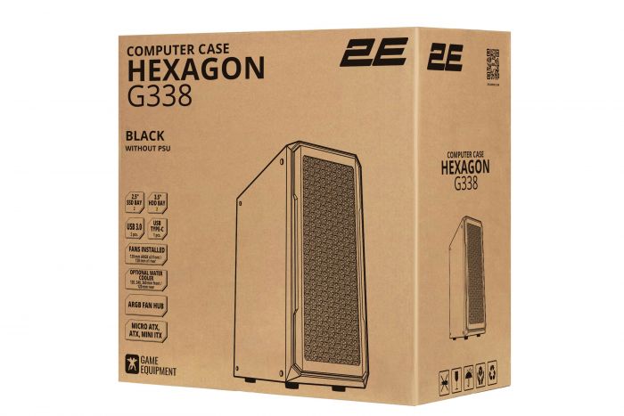 Корпус 2E GAMING Hexagon G338 без БЖ 2xUSB3.0, 1xUSBType-C, 3x120мм ARGB, 1x120мм, VGA 330мм, LCS ready, HUB, TG Side Panel, ATX, чорний