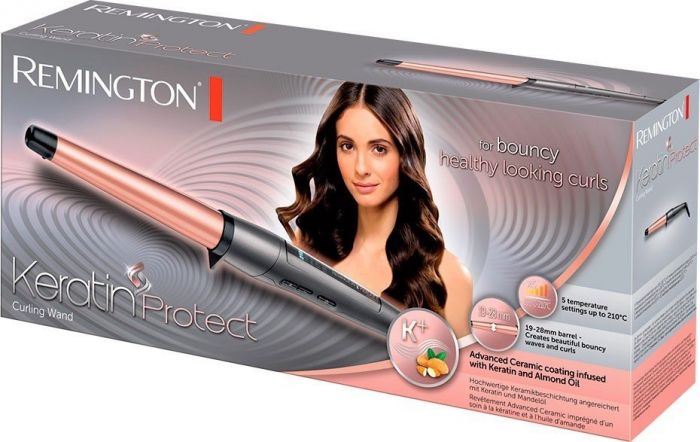 Плойка Remington Keratin Protect, конусна, 48Вт, темп.режимів-5, D-19-28mm, 150-210С, кераміка, сріблястий