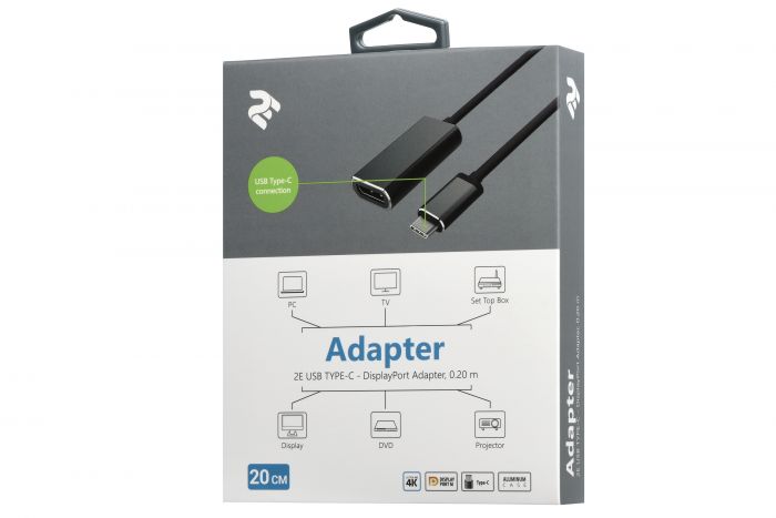 Адаптер 2Е USB-C > DisplayPort, 0.2м, сірий