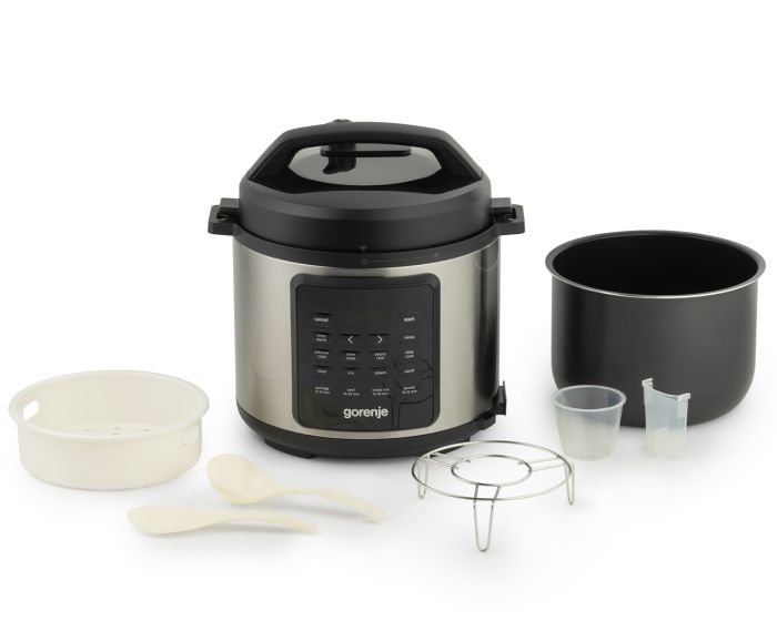 Мультиварка-скороварка Gorenje, 1000Вт, чаша-6л, електронне керув., 8 програм, метал/пластик, чорний-нерж