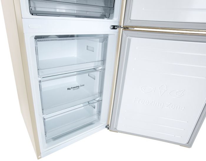 Холодильник LG з нижн. мороз., 203x60х68, холод.відд.-277л, мороз.відд.-107л, 2дв., E, NF, інв., диспл зовн., зона св-ті, бежевий