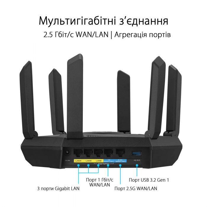 Маршрутизатор ASUS RT-AXE7800 AXE7800, 3xGE LAN, 1xGE WAN, 1x2.5GE LAN/WAN, 1xUSB3.2, MESH