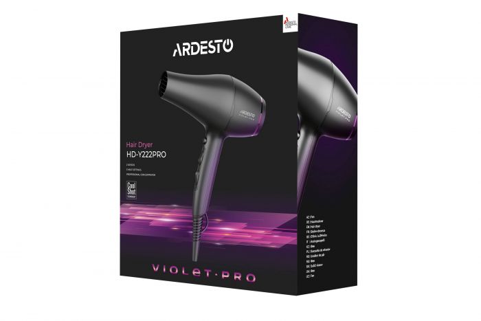 Фен Ardesto Violet PRO HD-Y222PRO, 1850-2200Вт, 2 швидкості, 3темп.режима, дифузор, чорний