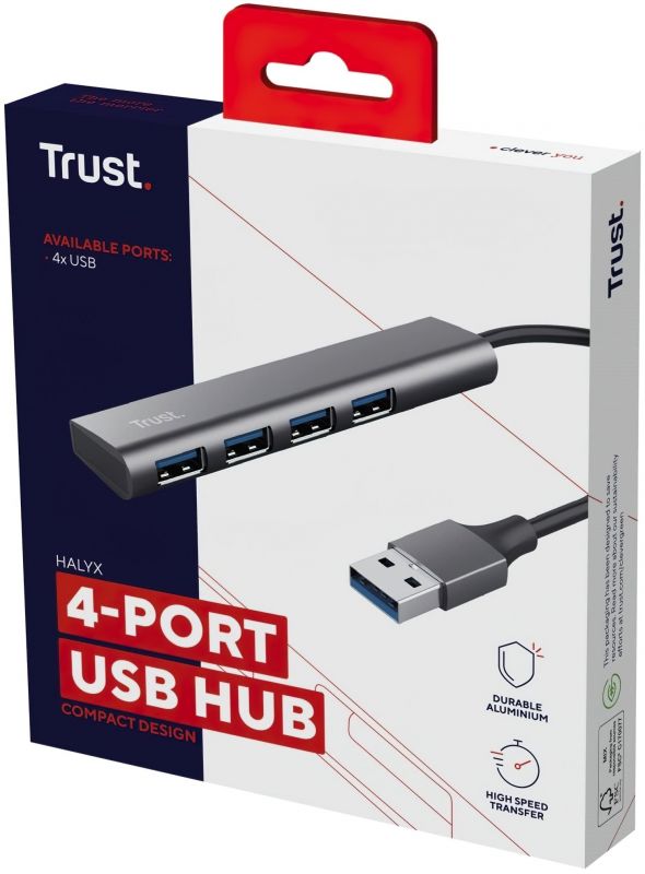 Хаб Trust Halyx USB-A > 4xUSB-А 3.2, Алюміній, 0.1м, Сірий