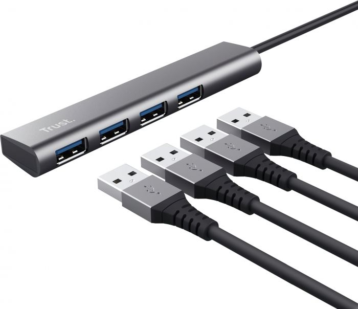 Хаб Trust Halyx USB-A > 4xUSB-А 3.2, Алюміній, 0.1м, Сірий
