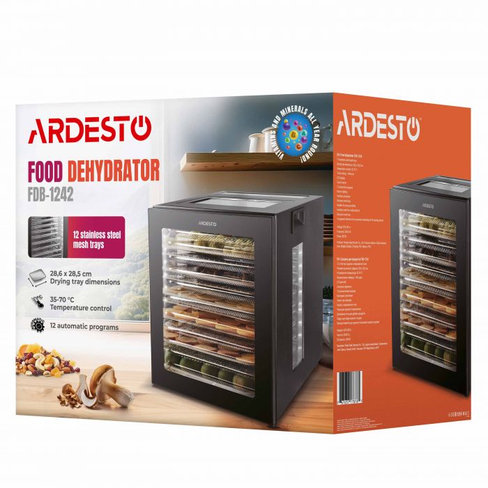 Сушарка для продуктів  ARDESTO FDB-1242, 850Вт, піддонів -12x3см, макс-70°С, таймер, електр. управління, нерж., чорний