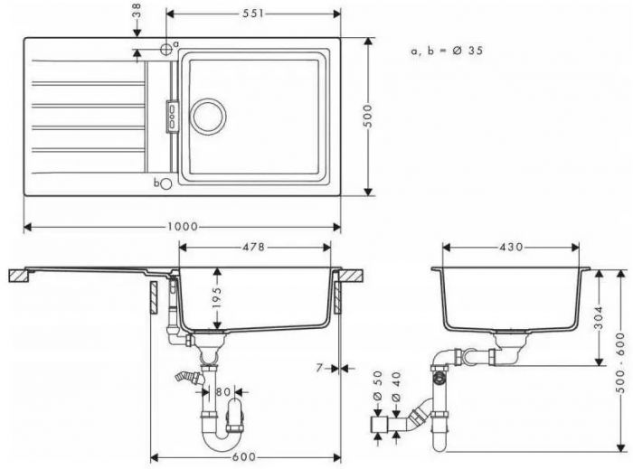 Мийка кухонна Hansgrohe S52, граніт, прямокутник, з крилом, 980х480х190мм, чаша - 1, врізна, S52-F480, сірий камінь