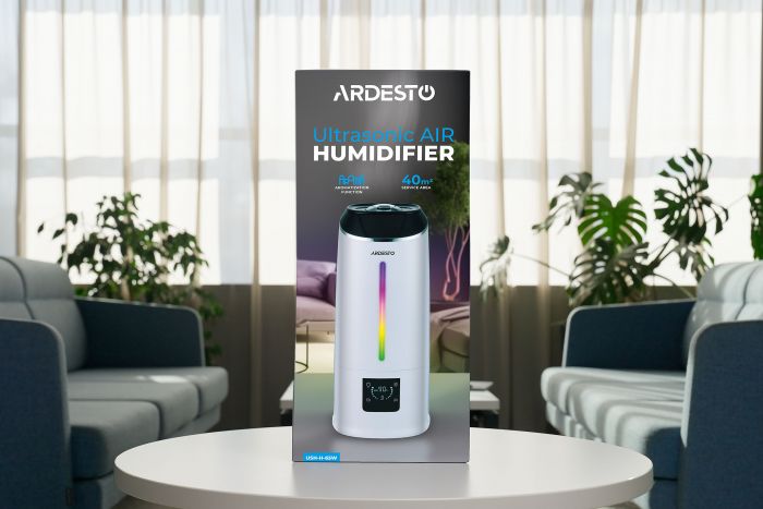 Зволожувач повітря ARDESTO USH-H-65W ультразвуковий, 40м2, 6.5л, 390мл/г, електр. кер-ння, пульт ДК, верх. залив води, дисплей, білий