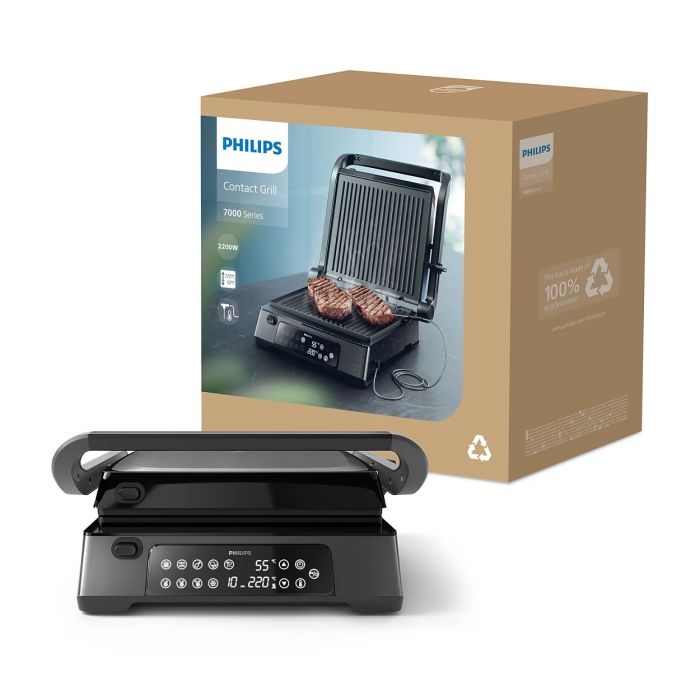 Гриль Philips прижимний Series 7000, 2200Вт, з`ємні пластини,термощуп, розкриття на 180°, метал, чорний