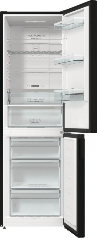 Холодильник з нижн. мороз. камерою Gorenje, 185х60х60см, 2 двері, 204(96)л, А++, NoFrost+ , LED дисплей, Зона св-ті, чорний