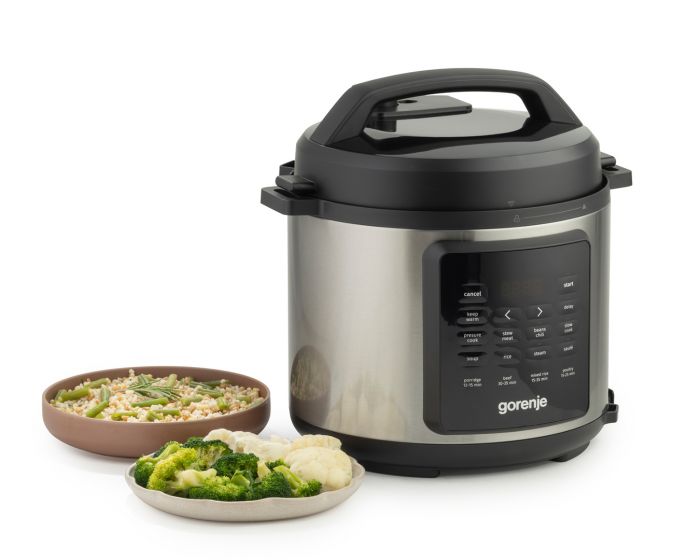 Мультиварка-скороварка Gorenje, 1000Вт, чаша-6л, електронне керув., 8 програм, метал/пластик, чорний-нерж