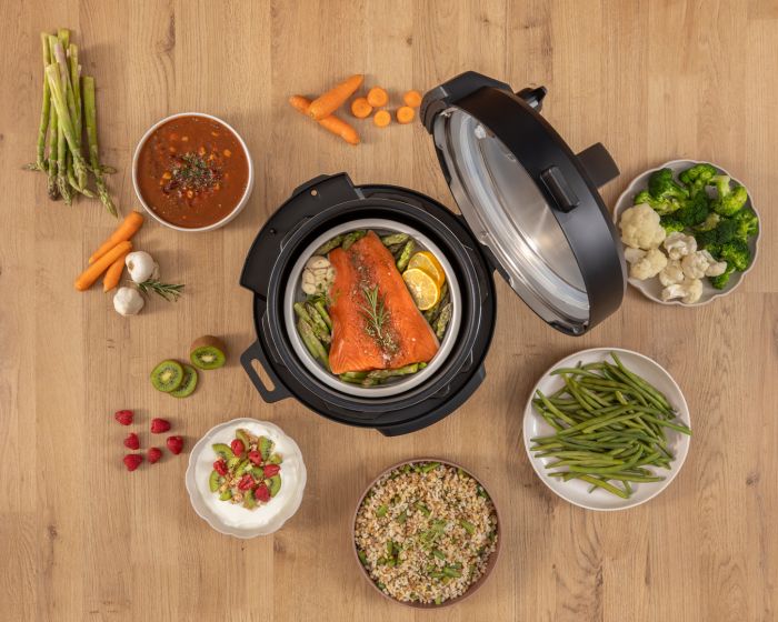 Мультиварка-скороварка Gorenje, 1000Вт, чаша-6л, електронне керув., 8 програм, метал/пластик, чорний-нерж