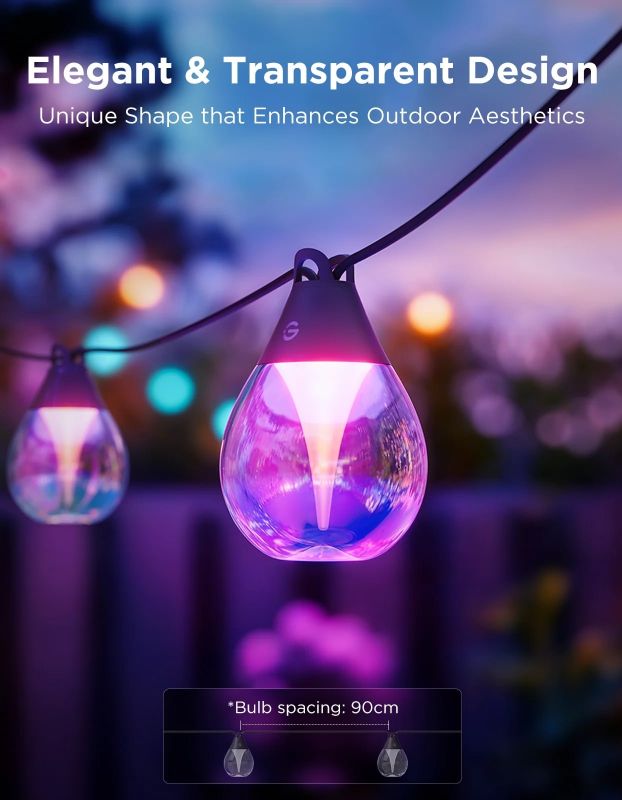 Набір світлодіодних ламп Govee H7025 Outdoor Clear Bulb String Lights, 15м, RGBIC/Warm White, WI-FI/Bluetooth, чорний