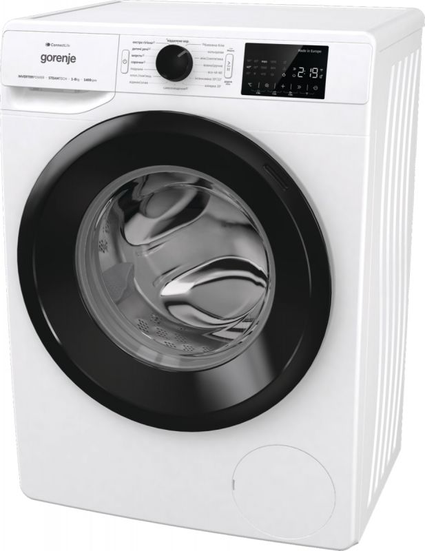 Пральна машина Gorenje фронтальна, 8кг, 1400, A+++, 46,5см, дисплей, інвертор, пара, Wi-Fi, білий