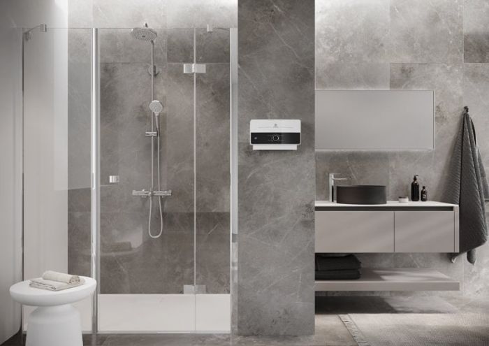 Водонагрівач електр. Ariston проточний AURES SM 7.7, 4,4л.хв, 7,7кВт, горизонтальний монтаж, мех. кер-ння, A, В'єтнам, біло-чорний