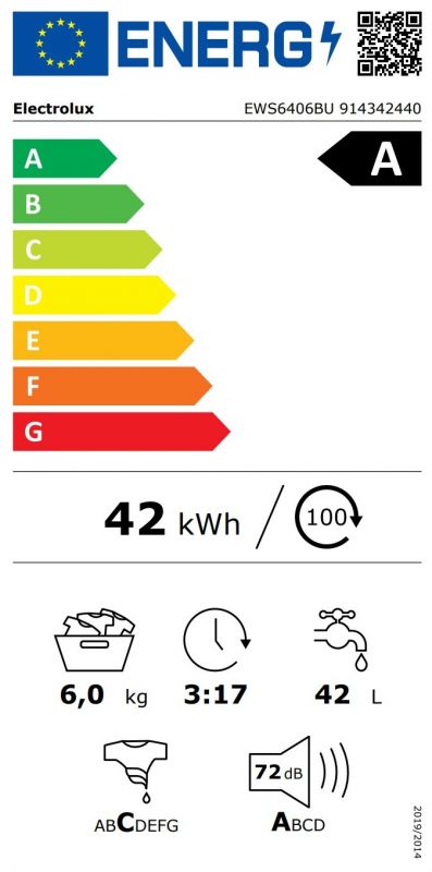 Пральна машина Electrolux фронтальна, 6кг, 1000, A, 41см, дисплей, інвертор, білий