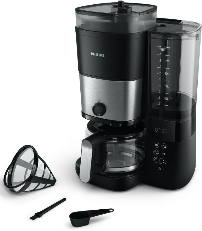 Кавоварка Philips крапельна All-in-1 Brew 1.25л, зерно + мелена, дисплей, підігрів кавника, кавомолка, чорний