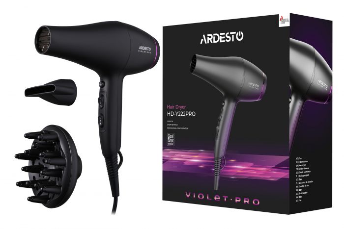 Фен Ardesto Violet PRO HD-Y222PRO, 1850-2200Вт, 2 швидкості, 3темп.режима, дифузор, чорний