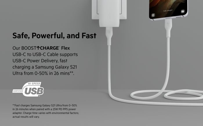 Кабель USB-C > USB-C заряджання/синхронізації Belkin 2м, 60Вт, Type-C, силіконовий з кліпсою, білий