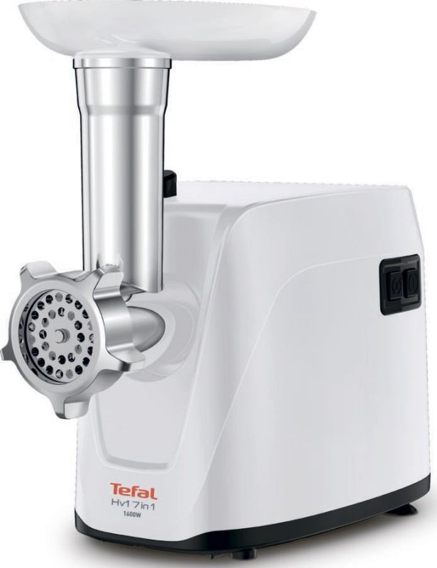 М'ясорубка Tefal HV1 7in1, 1600Вт, 1.9кг/хв, 3 решітки, насадка для ковбас, томатів, 2 терки, пластик, білий