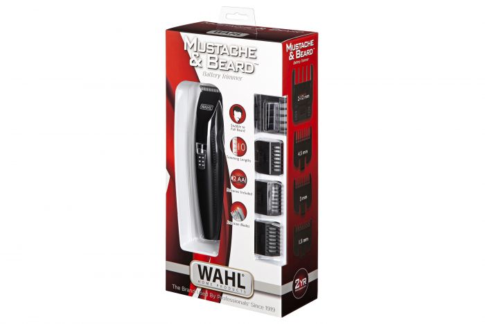 Тример WAHL Mustache&Beard, для бороди і вусів, ААx2, в комплекті, роторний мотор, насадок-4, гребінець, підставка, сталь, чорний