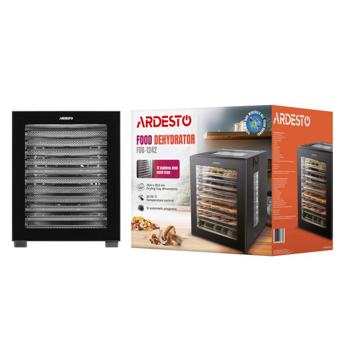 Сушарка для продуктів  ARDESTO FDB-1242, 850Вт, піддонів -12x3см, макс-70°С, таймер, електр. управління, нерж., чорний