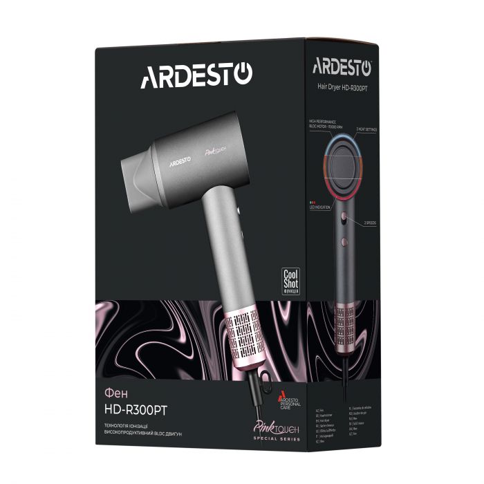 Фен Ardesto Pink Touch, 1600Вт, 2 швидкості, 3темп.режими, іонізація, дифузор, магнітні насадки, сірий+рожевий